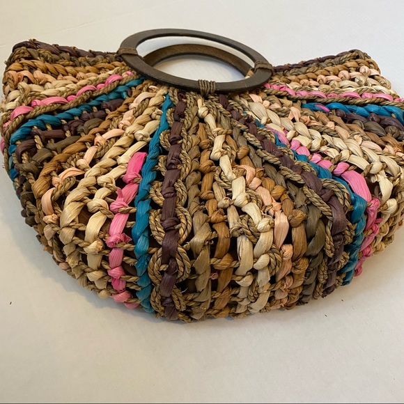 Women’s straw woven Bohemian Tan pink & Teal Braided round handle Beach bag - Picture 6 of 14